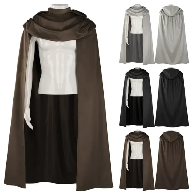 A medieval knight-style hooded cape with a velvet-feel finish, available in black and brown for cosplay and holiday parties.