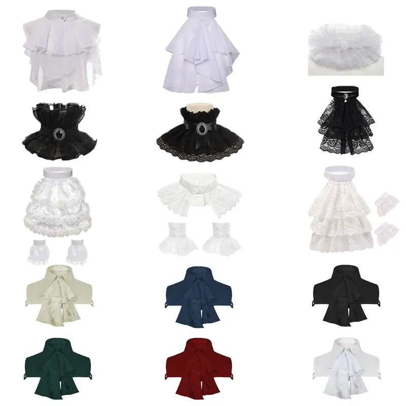 White large floral false collar in chiffon with lace-style detailing, shown as a theatrical costume accessory.