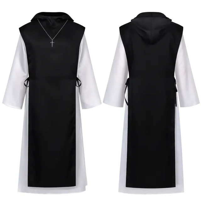 Medieval monk robe with a hooded cloak, belt, and necklace for Halloween cosplay.