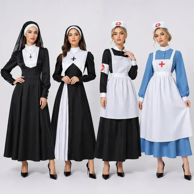 Medieval-style nun and Nightingale nurse cosplay costume shown for Halloween and stage use.