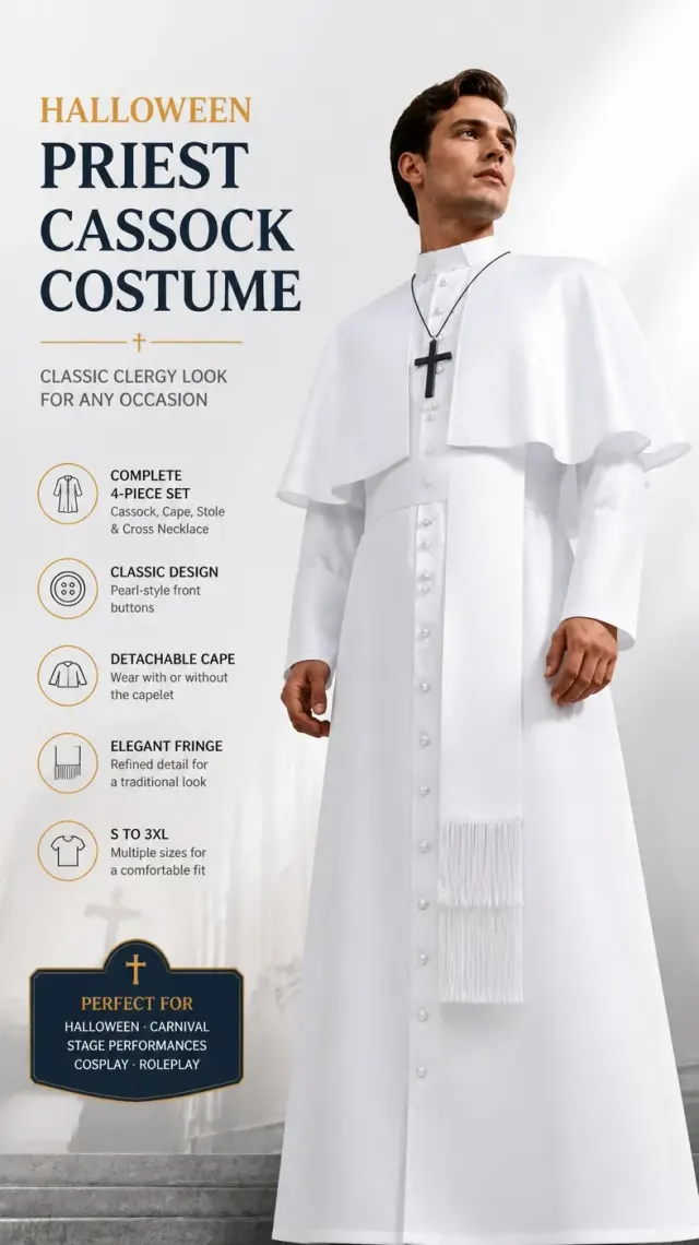 Medieval Priest Cosplay Costume with Cape and Accessories detail 1