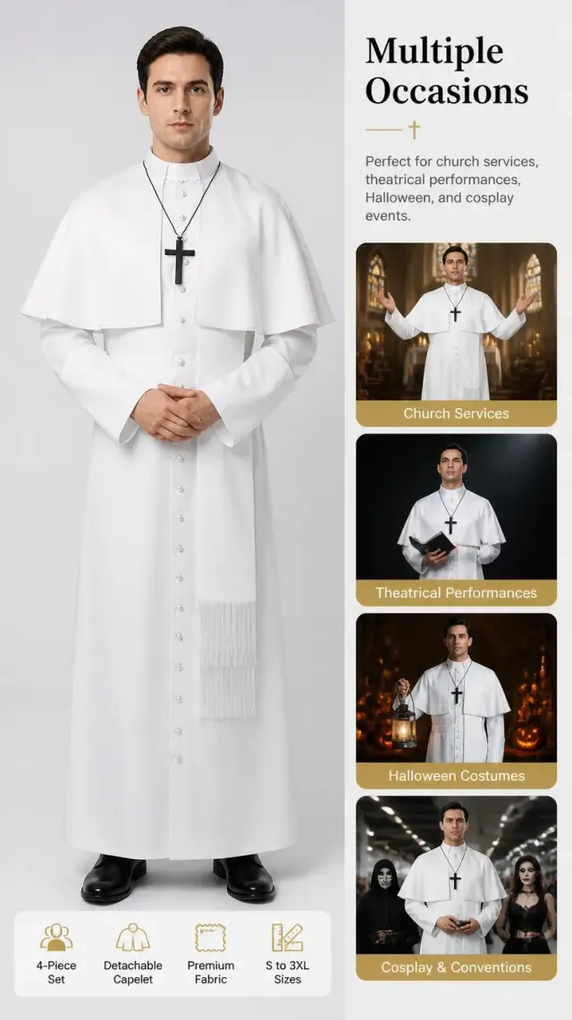 Medieval Priest Cosplay Costume with Cape and Accessories detail 4