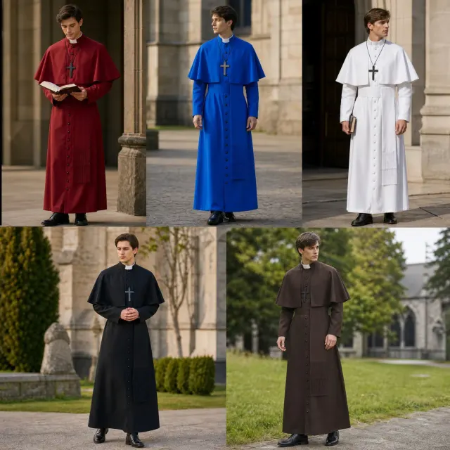 A medieval priest cosplay costume with a cape and included accessories is shown.