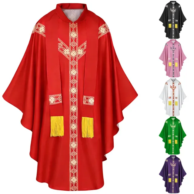 Langärmelige mittelalterliche Priester-Cosplay-Robe mit bedrucktem Umhang, erhältlich in sechs vorrätigen Farben.