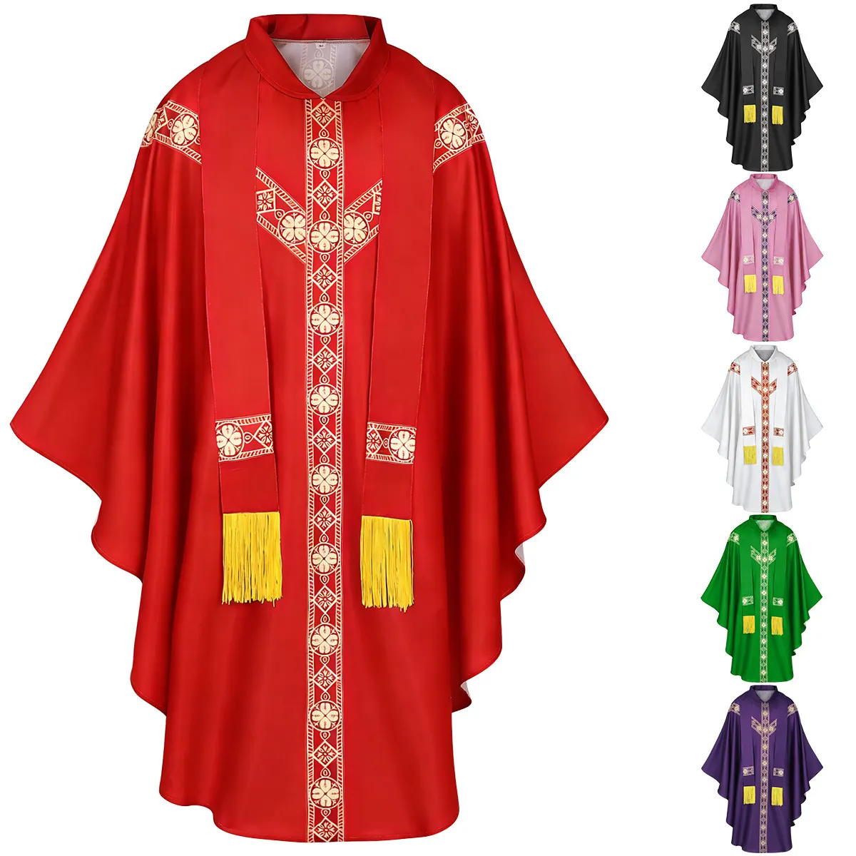 Long-sleeve medieval priest cosplay robe with a printed cape, available in six stocked colors.