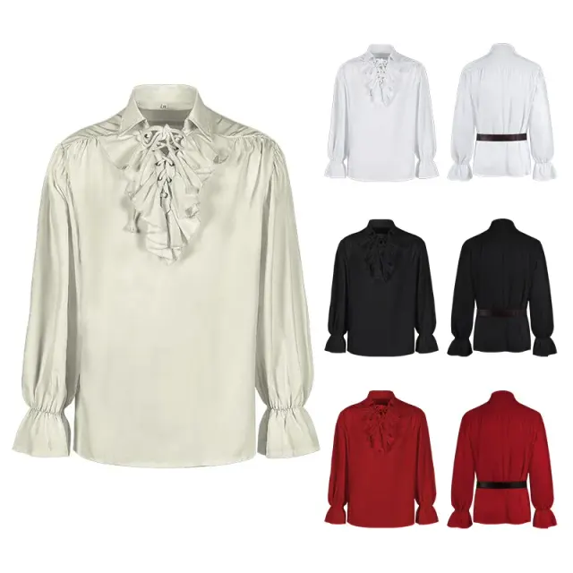 Une chemise unisexe à manches longues de style médiéval avec col à revers à cordon de serrage et manches bouffantes volumineuses, en blanc uni.