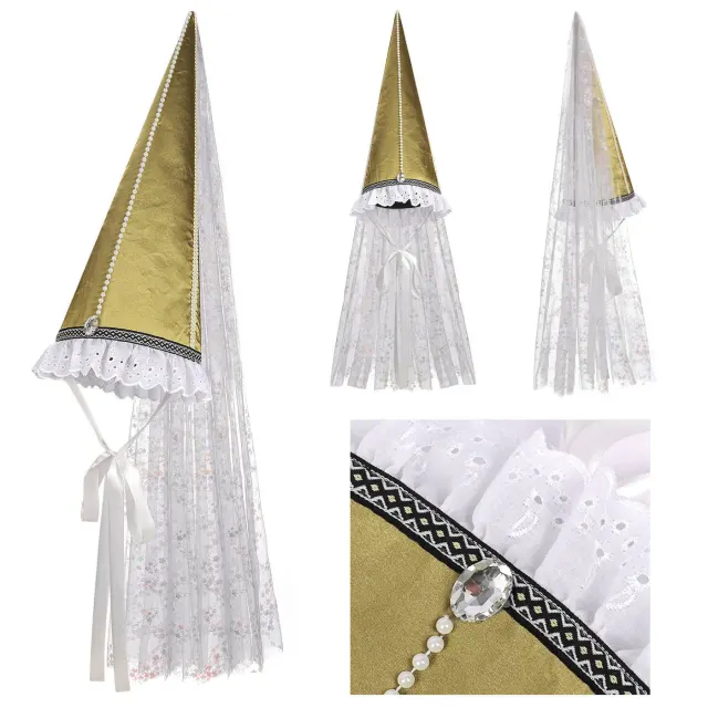 Women's medieval Renaissance-style conical veil hat shown as a Halloween cosplay headpiece.