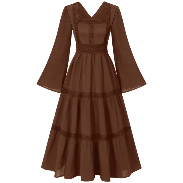 Women's Medieval Renaissance Lace-Trim Flare-Sleeve Dress Set detail 21