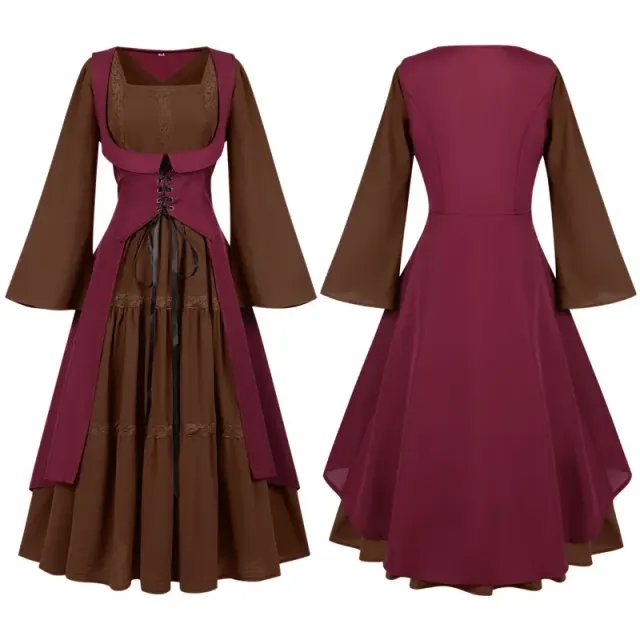 Women's Medieval Renaissance Lace-Trim Flare-Sleeve Dress Set detail 24