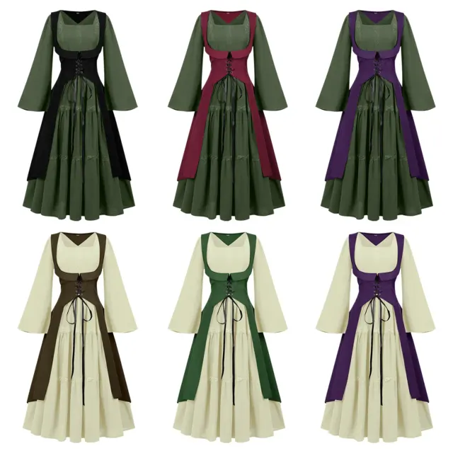 Women's medieval Renaissance dress set with flared sleeves and lace trim, styled for cosplay and theater.