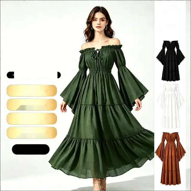 Long medieval Renaissance dress with an off-shoulder neckline, flared sleeves, cinched waist, and full skirt, shown in black.