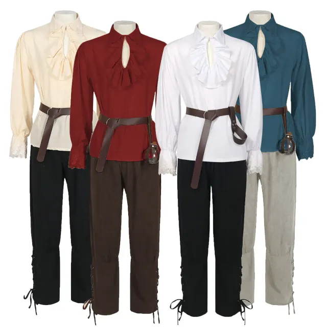 Adult unisex medieval Renaissance pirate cosplay costume pieces in assorted colors for stage and costume use.