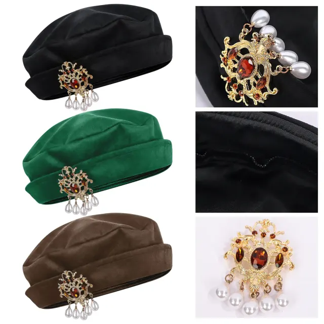 Black medieval Renaissance beret hat with rhinestone decoration, styled for cosplay and stage wear.