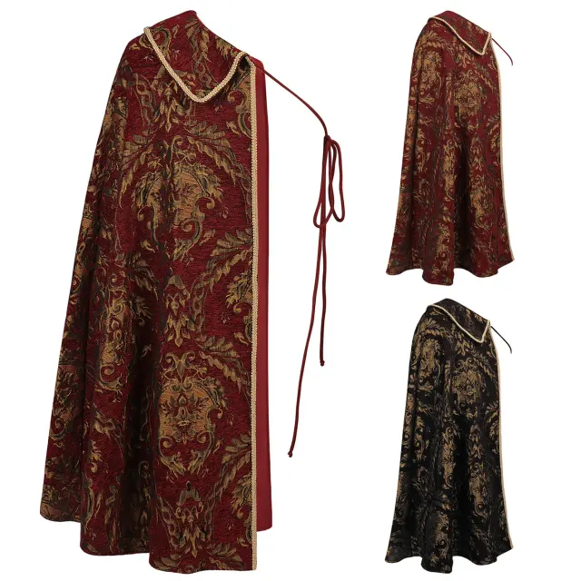 A courtly half-shoulder cape in red or black with an open-front printed design, styled for Renaissance and Tudor cosplay.