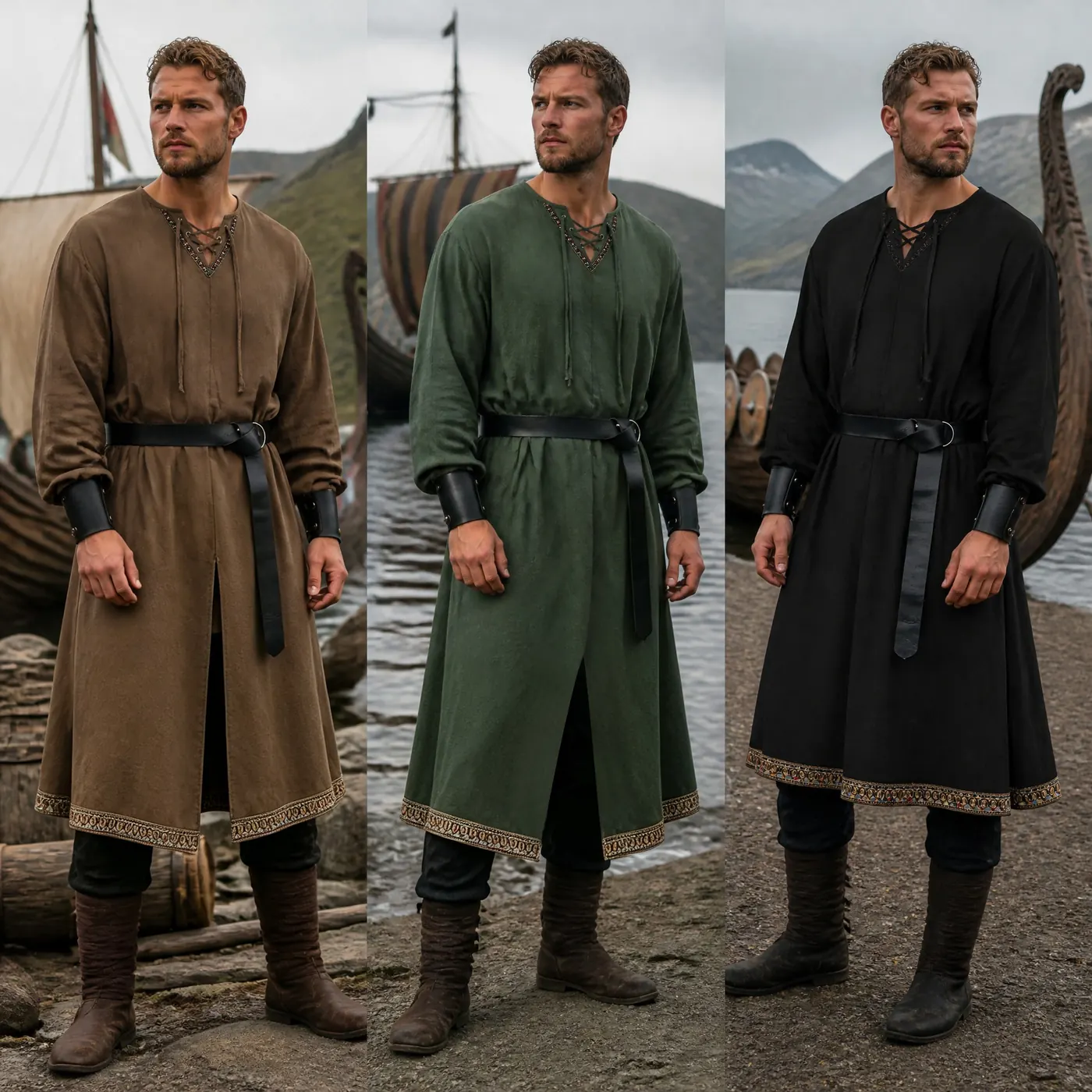 A green medieval Viking knight cosplay robe shown with a matching belt and wrist guards.