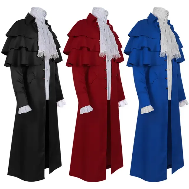 Unisex medieval-style stand collar cloak jacket for Halloween and stage cosplay.