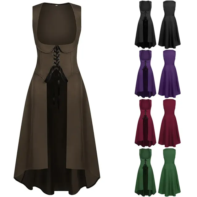 A women's vintage medieval steampunk sleeveless lace-up dress in brown for Halloween, cosplay, and stage wear.