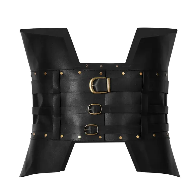 Black medieval-style waist cincher with sword belt detailing, available in black or brown for theater and cosplay costumes.