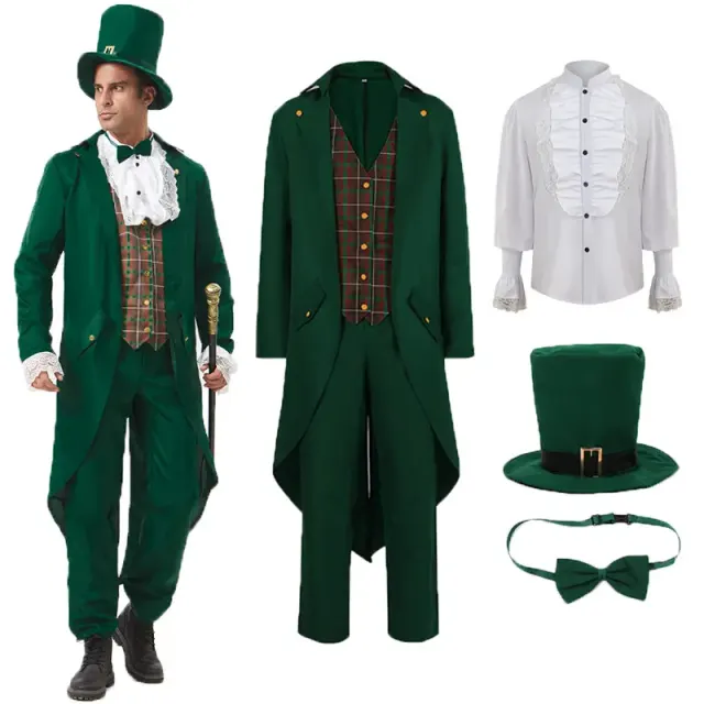 A green medieval-style tailcoat costume set features pants, a hat, and a bow tie, with a white pirate shirt option also available.