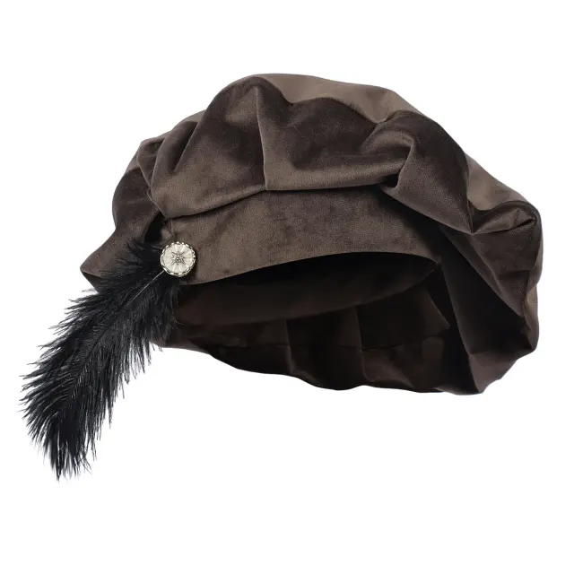 Medieval Tudor Feather Beret Hat for Renaissance Cosplay Stage detail 24
