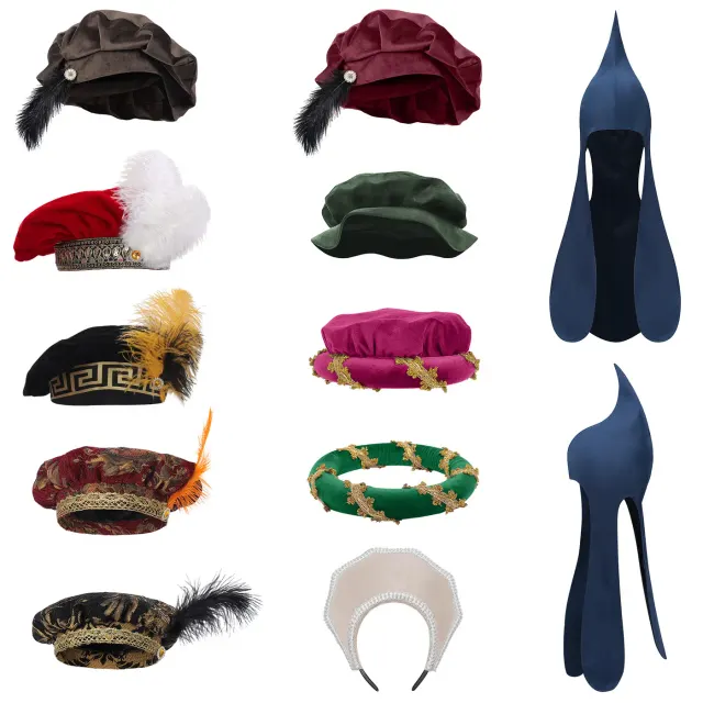 A unisex medieval Tudor-style feather beret hat with a noble flat-top silhouette for Renaissance cosplay and stage costumes.