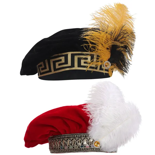 A black medieval Tudor-style velvet hat with a feather, designed as a unisex Renaissance and Elizabethan cosplay accessory.