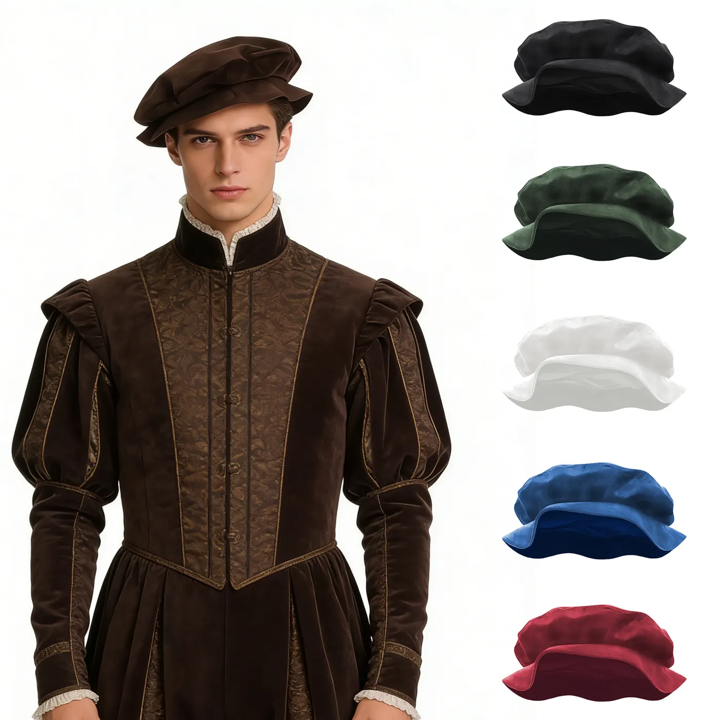 A black Medieval Tudor flat-top hat with a faux suede finish, shown as a Renaissance festival costume accessory.