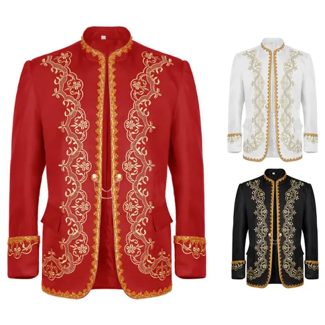 Black medieval-style unisex long-sleeve formal jacket designed for stage performance and cosplay.