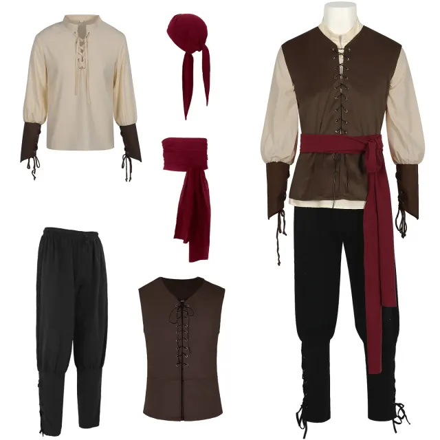 Medieval Viking pirate cosplay costume shown with shirt, vest, pants, and accessory options.
