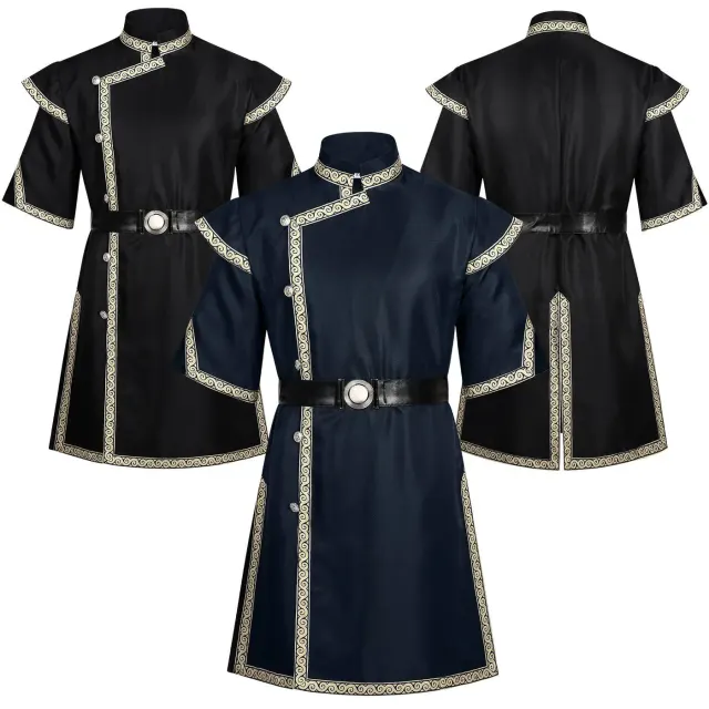 Medieval-inspired Viking mercenary tunic costume with a waist-cinched long silhouette for cosplay and theater.