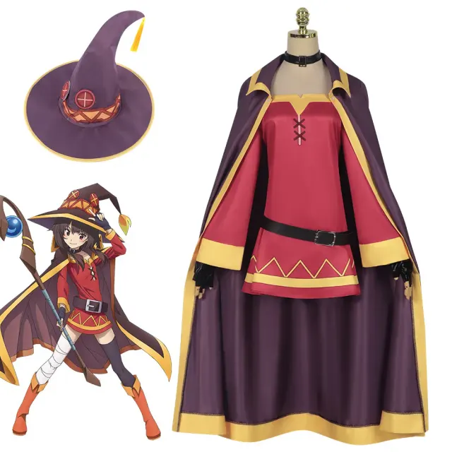 Full Megumin cosplay costume set with a magic robe, shown for Halloween or theater use.