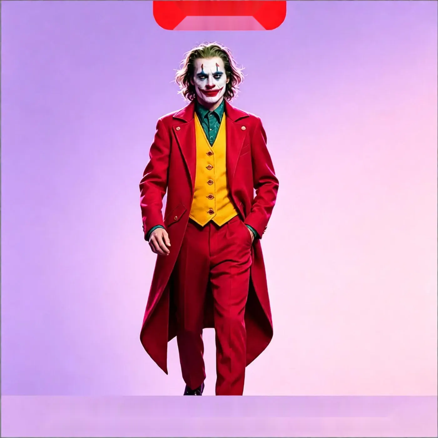 This men's Halloween clown tailcoat costume features red-and-yellow colorblock detailing, long sleeves, and long pants.