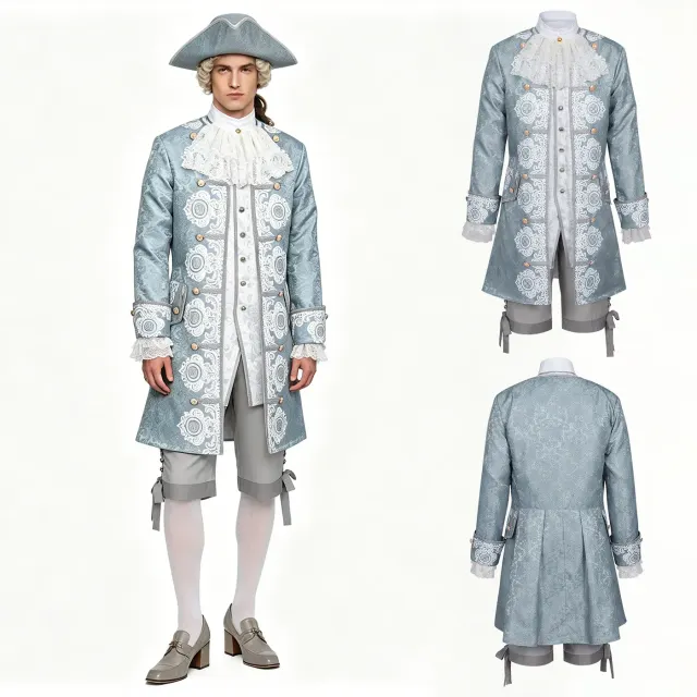 Men's 18th-century-style Baroque Rococo cosplay suit set with a long-sleeve jacket and long pants.