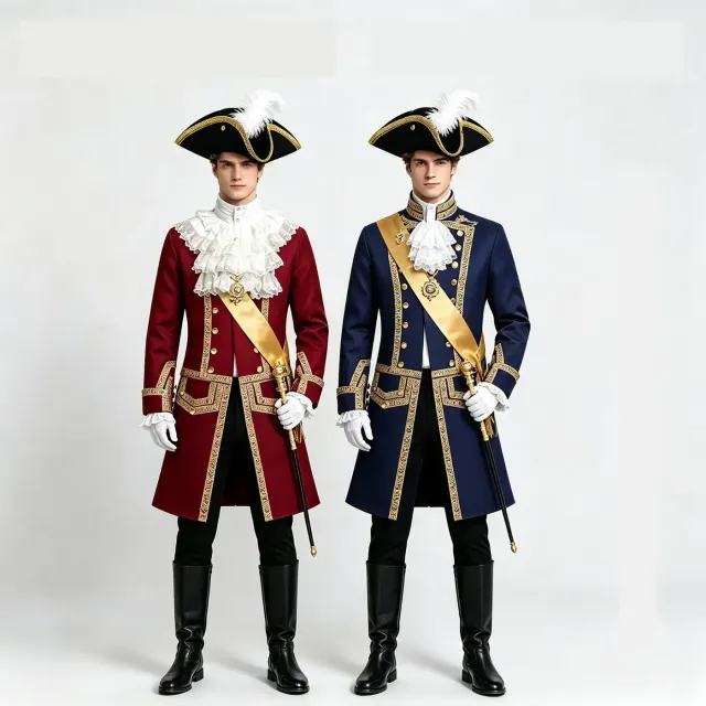 Men's 18th century colonial officer military uniform costume in navy blue with a long-sleeve jacket and long pants.