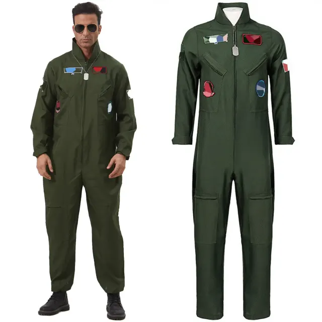 Men's aviator pilot cosplay costume set with a long-sleeve jacket and long pants in a printed polyester fabric.