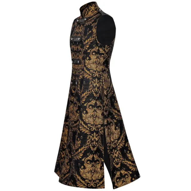 Men's Black Gothic Punk Sleeveless Stand-Collar Long Vest detail 4