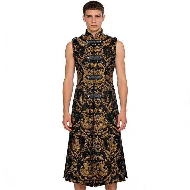 Men's black gothic punk sleeveless long vest with a stand collar, shown as a Halloween stage costume.