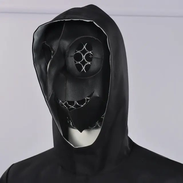 Men's Black Hooded Cosplay Jacket Set with Crow Mask for Halloween detail 1