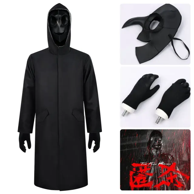 Men's black hooded cosplay jacket set with a dark crow-style mask, styled for a Halloween stage performance.