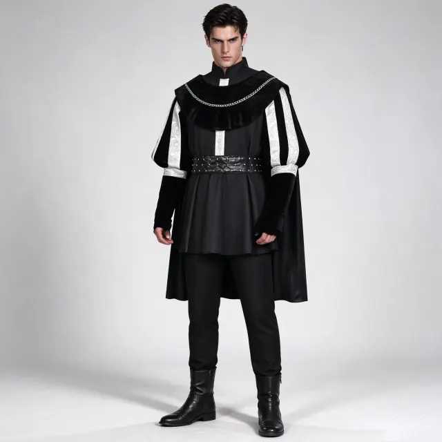 Men's Black Tudor Renaissance Prince Costume with Cape detail 2
