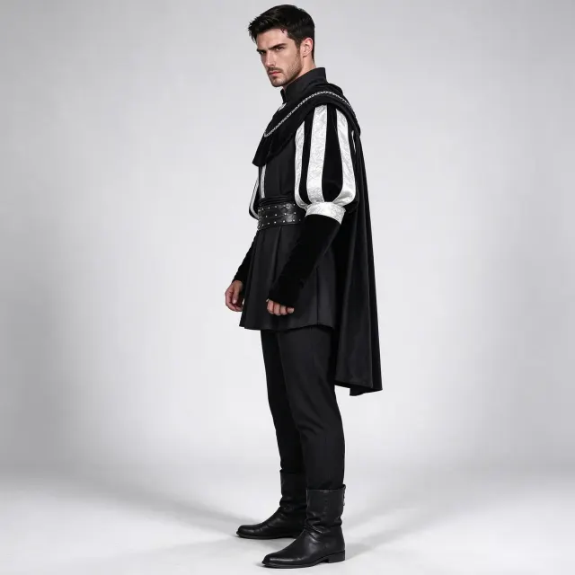 Men's Black Tudor Renaissance Prince Costume with Cape detail 3