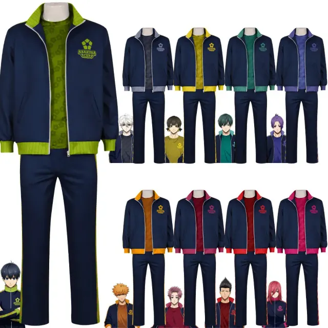Men's Blue Lock Asakusa Cup cosplay costume set with a printed long-sleeve jacket, long pants, and character-based inner shirt options.