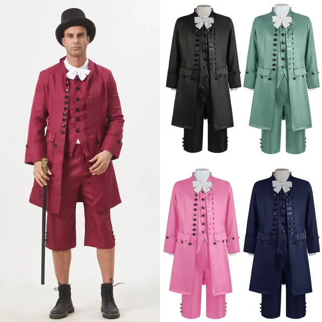 Men's British court prince cosplay suit set shown as a long-sleeve jacquard blazer with matching long pants.