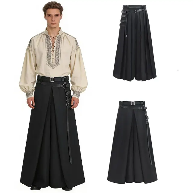 Men's cyber steampunk gothic pleated cosplay skirt pants with dark Japanese samurai-inspired styling.