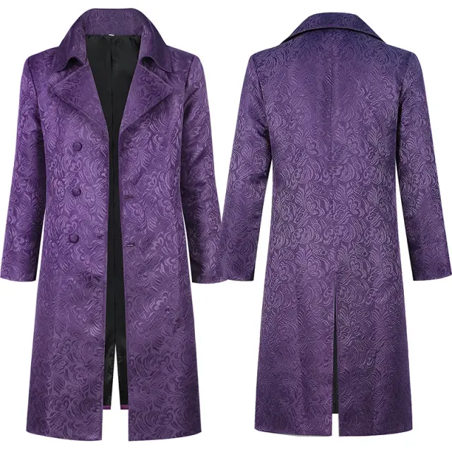 Men's dark knight clown cosplay long blazer with vintage lapels and printed jacquard fabric, shown in the available special-offer clown jacket style.