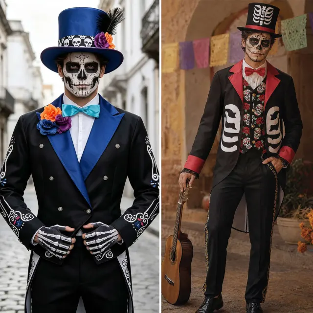 Men's Day of the Dead skeleton clown cosplay costume with a long-sleeve pullover top, long pants, and printed details.