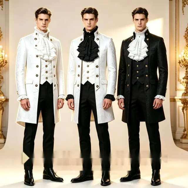 Men's black European court jacquard costume set with coat, shirt, and pants shown for stage and cosplay styling.