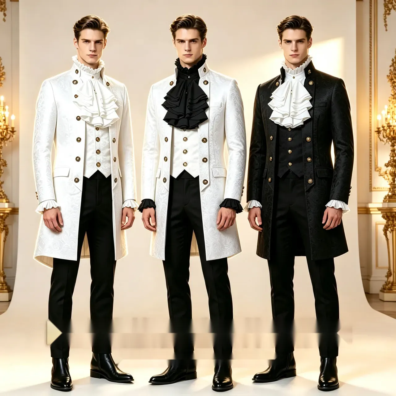 Men's black European court jacquard costume set with coat, shirt, and pants shown for stage and cosplay styling.