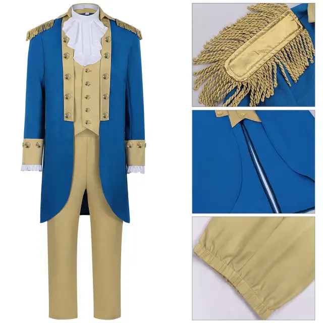 Men's George Washington colonial costume set with a printed jacket-style top and long pants.