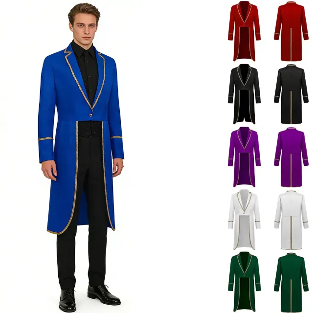 Gold-trim long tailcoat jacket for men's medieval prince cosplay and stage costumes.